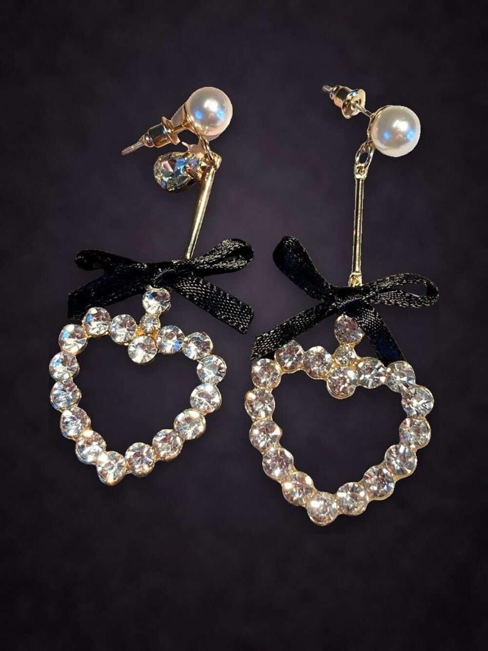 Rhinestone Open Heart Earrings with Faux Pearl Stud and Black Bow NWT